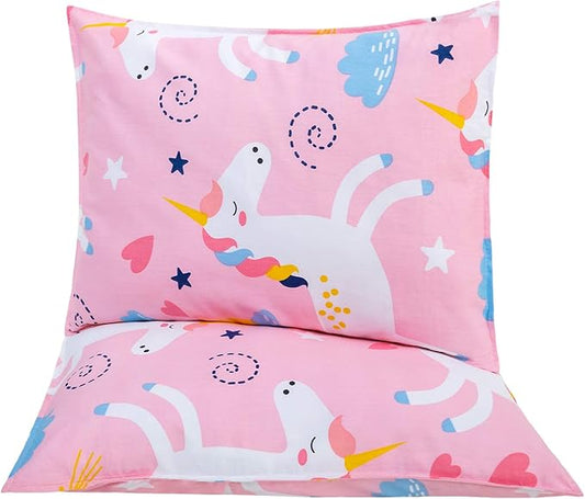 Cottonblue Kids Toddler Pillows with Pillowcases 14x19, 2 Pack Toddler Pillows with 2 100% Organic Cotton Covers, [2-Set] Kids Pillow Set for Preschool, Machine Washable, Pink Unicorn