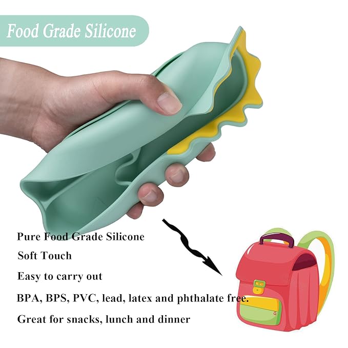 Silicone Suction Plates for Baby Toddler with Spoon Fork set Divided Dinosaurs Plates Self Feeding Training Baby Dinner Plate-Green Dinosaurs Plate Set