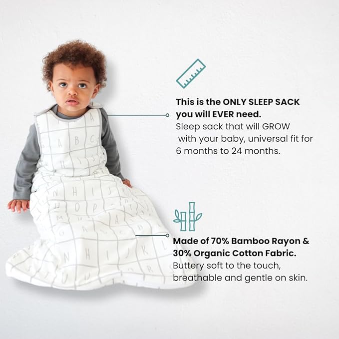Tealbee Grow with Baby Sleep Sack – Adjustable Fit 6–24 Months for Babies & Toddlers, Soft Rayon from Bamboo Sleep Bag, All Season 1.2 TOG Wearable Blanket with 2-Way Zipper – Alphabet