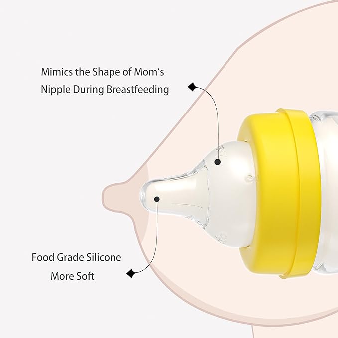 YOHKOH Glass Baby Bottles with Slow Flow Nipple, Newborn Anti-Colic Baby Bottles for 0+ Months, Wide Neck Feeding Bottle, Clear (Yellow, 5oz (Pack of 4))