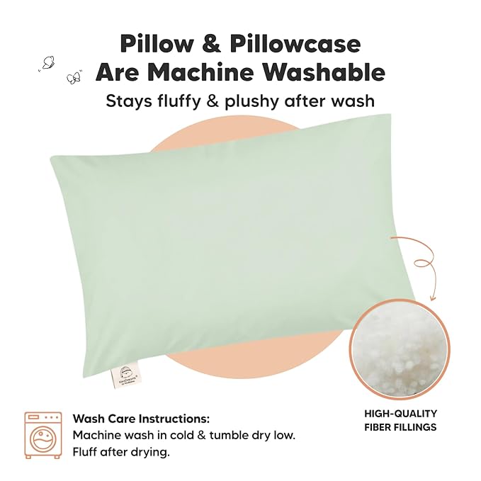 Toddler Pillow with Pillowcase - 13x18 My Little Dreamy Kids Travel Bed Pillows for Sleeping, Organic Cotton Small Pillowcase, Soft & Breathable, Machine Washable, Toddlers 2-5 Years Old (Sage)