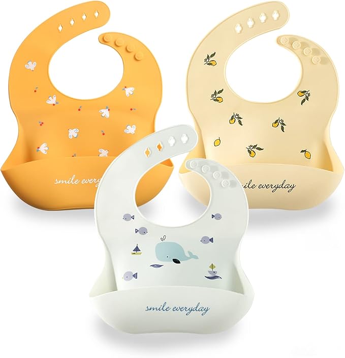 Baby Silicone Feeding Bibs, 3pcs Adjustable Waterproof Bibs for Feeding