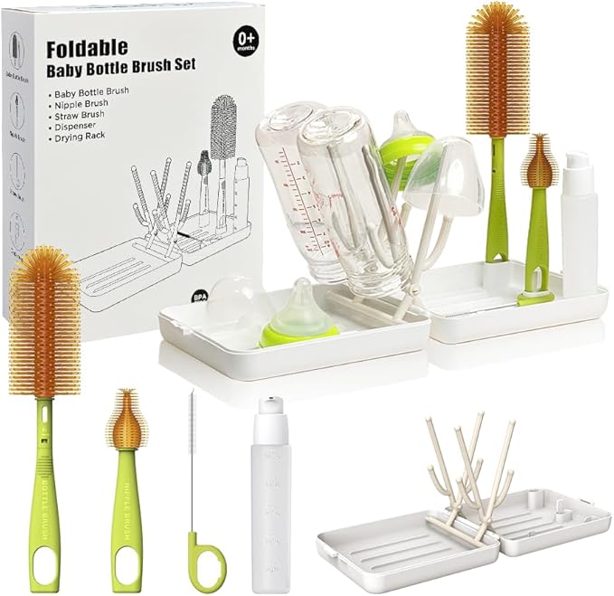 YOTIME Travel Bottle Brush, Travel Bottle Cleaner Kit with Foldable Bottle Drying Rack, for Visit Friends and Relations, Baby Travel Essentials, BPA Free, White