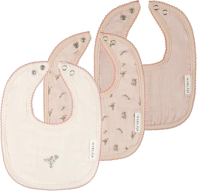 Ely's & Co. 100% Cotton Muslin Bib with Terry lining Soft & Absorbent for Infants, Adjustable Snaps 3 Pack 0-6 Months
