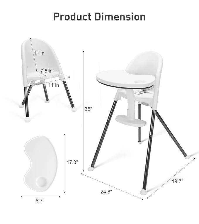 Funny Supply 3-in-1 Cute Folding High Chair, High Chairs for Babies and Toddlers, Modern Space Saving Highchair with Removable Double Tray, Easy to Clean, Light Weight Baby Feeding Chair, White