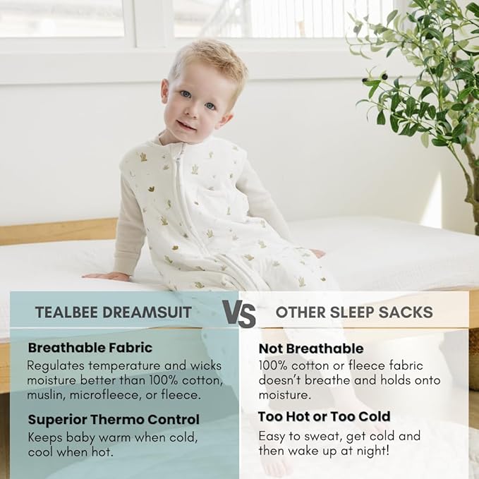 Tealbee Dreamsuit Toddler Sleep Sack with Feet – Walker Sleep Bag with Legs, Rayon made from Bamboo, Summer 0.8 TOG, 2-Way Zipper, 2T-3T - Cactus