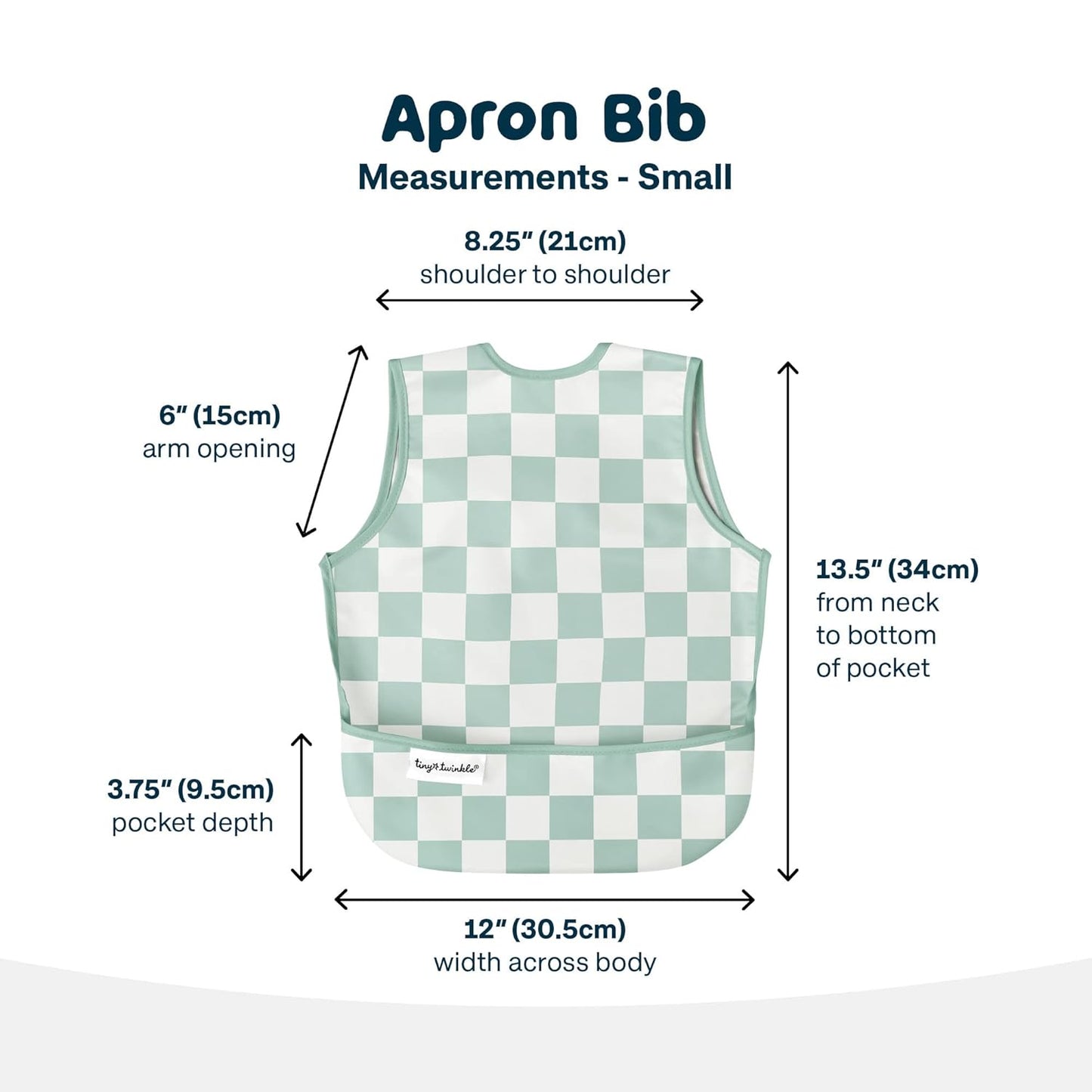 Tiny Twinkle Mess Proof Baby Bib - Waterproof & Lightweight Baby-Led Weaning Apron | 100% Recycled Polyester, Easy Clean & Machine Washable (Green Checkers, Small 6-24 Months)