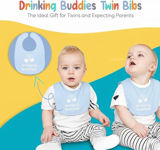 100% Cotton Drinking Buddies Twin Bibs Cute & Practical Unisex Bibs for Twins with Waterproof, Durable, for Everyday Use