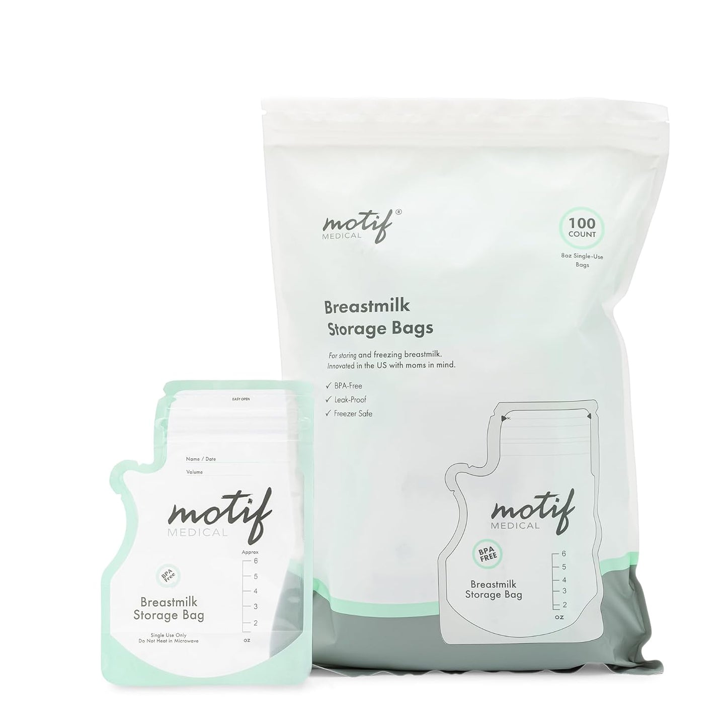 Motif Medical Breastmilk Storage Bags - Breastmilk Freezer Bags w/Easy Pour Spout, Write-On Label - Leak-Proof Double Zipper Milk Bags for Breastmilk - Breastfeeding Mom Gifts (6 oz, 100 Count)