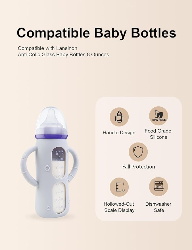 ZCH 4-Pack Silicone Sleeves for Lansinoh Glass Bottles, BPA-Free Drop-Resistant Baby Bottle Sleeves with Handles, Compatible with Lansinoh Anti-Colic Glass Baby Bottles (8 oz)