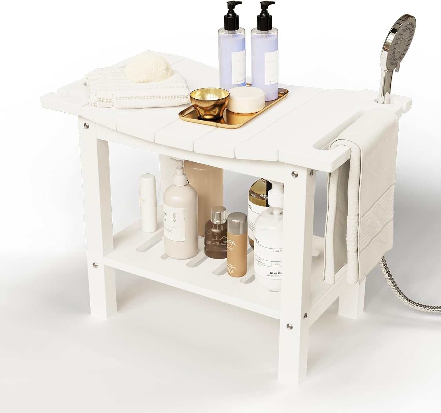 HDPE Shower Bench Stool for Inside Shower, Non-Slip Shower Stool for Shaving Legs with Storage Shelf, Waterproof Shower Chair Spa Bath Seat for Indoor & Outdoor Use (White)