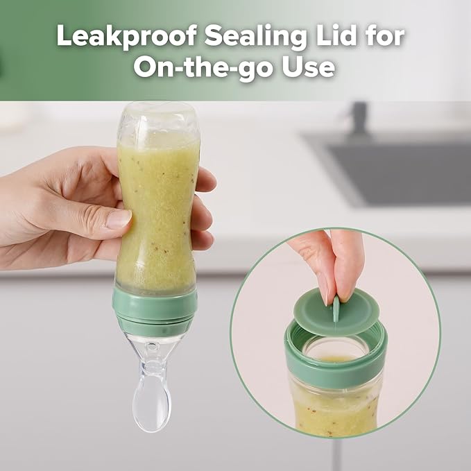 Haakaa Silicone Baby Food Dispensing Spoon Feeder 4oz - Infant Squeeze Cereal Feeder, Baby Fresh Food Feeder, Feed Bottle for Puree, Solid Baby Food, BPA Free, 4m+ Babies – Pea Green