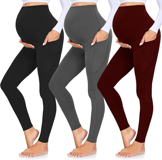 GROTEEN 3 Pack Women's Maternity Leggings with Pockets Over The Belly Workout Yoga Pregnancy Pants