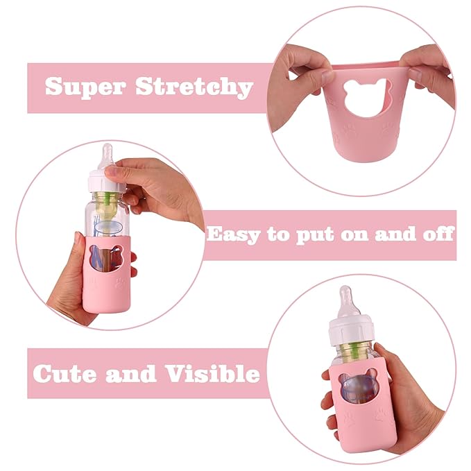 4 Pack Silicone Sleeves for Dr Brown's Glass Baby Bottles, Anti Breakage Baby Bottle Holder, Compatible Dr. Brown's Natural Narrow Glass Baby Bottles 4 oz, BPA Free (White+Pink+Purple+Orange)