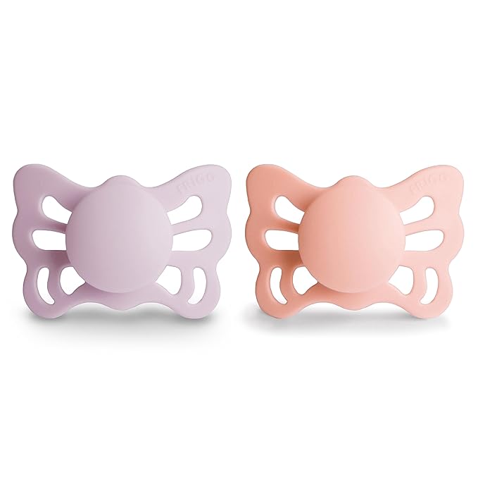 FRIGG Butterfly Anatomical SilkySoft Silicone Baby Pacifier | Made in Denmark | BPA-Free (Soft Lilac/Pretty in Peach, 0-6 Months)