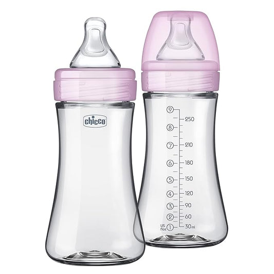 Chicco Duo 9oz. Hybrid Baby Bottle with Invinci-Glass Inside and Plastic Outside | Dishwasher, Bottle Warmer, and Electric Sterilizer Safe | Intui-Latch Nipple | Clear/Pink, 2pk