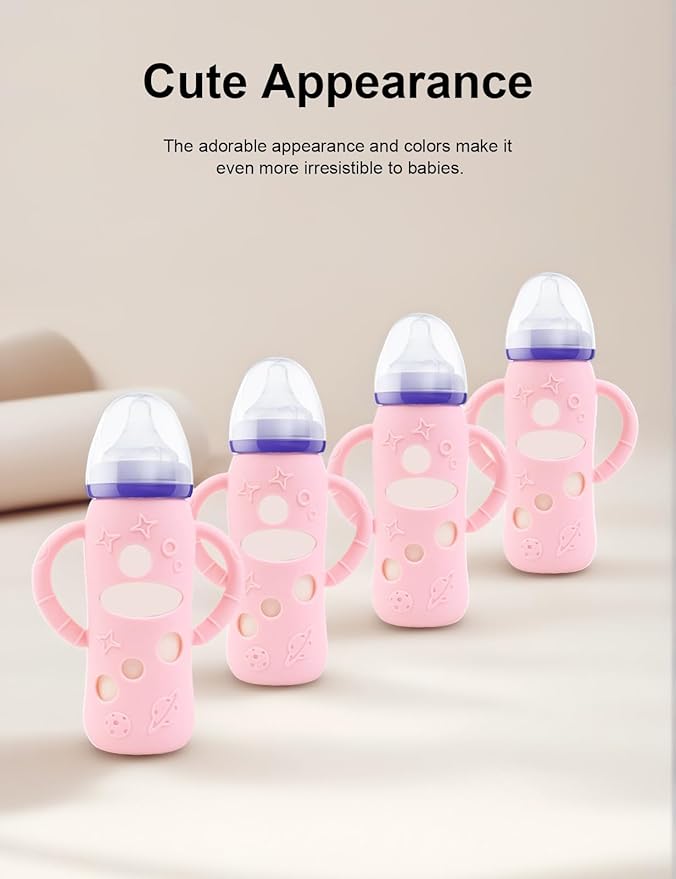 ZCH 4-Pack Silicone Sleeves with Handles for Lansinoh Glass Bottles, BPA-Free Drop-Resistant Baby Bottle Sleeves with Handles, Compatible with Lansinoh Anti-Colic Glass Baby Bottles (8 oz)
