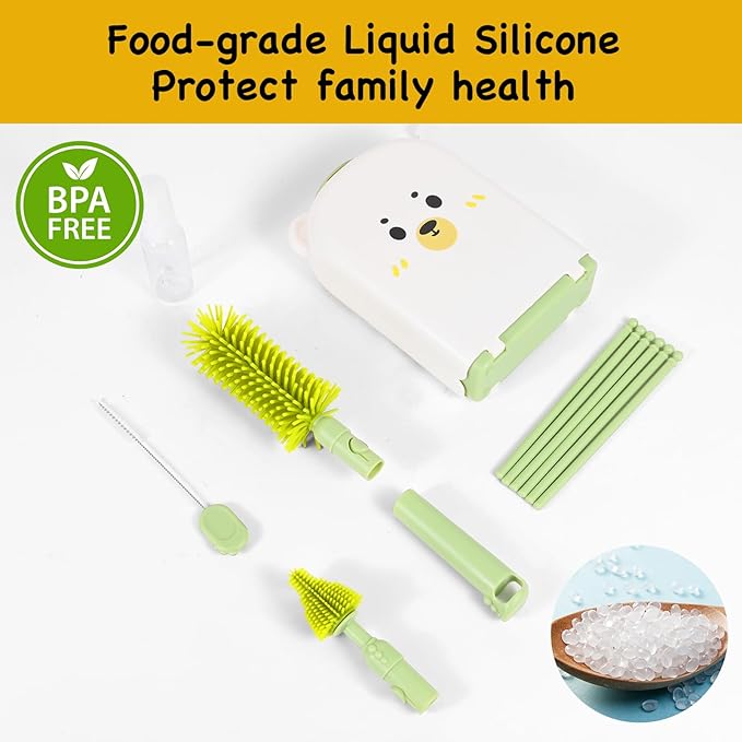 Portable Baby Bottle Brush Set, 7-in-1 Travel Baby Bottle Cleaning Kit, Portable Bottle Washing Kit with Silicone Bottle Brush, Nipple Brush, Straw Brush, Drying Rack for Home & Travel (Green)