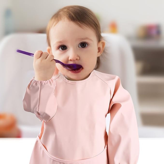 SPINFOX 2 Pack Baby Smock for Eating, Mess Proof Baby Bib, Waterproof Toddler Baby Feeding Bibs Shirt for Girl 6-24 Months
