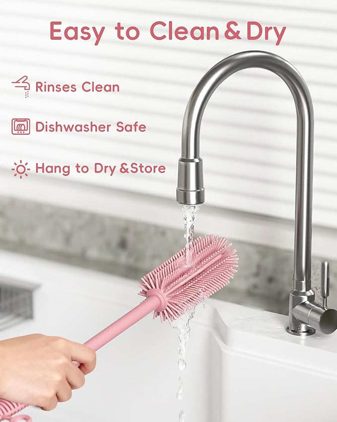 Baby Bottle Brush and Straw Cleaner Brush Set, Extra Long Double-Ended Soft Silicone Brush Cleaner for Baby Bottles, Water Bottles, Cups, Breast Pumps, Detachable & Hangable