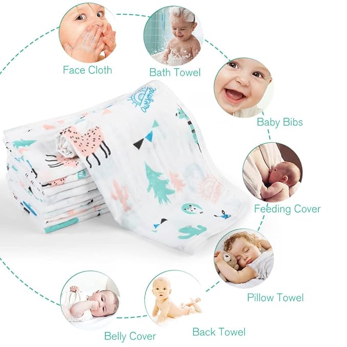 Yoofoss Muslin Burp Cloths for Baby 10 Pack 100% Organic Cotton Baby Washcloths for Boys Girls Large 20''X10'' Super Soft and Absorbent Alpaca