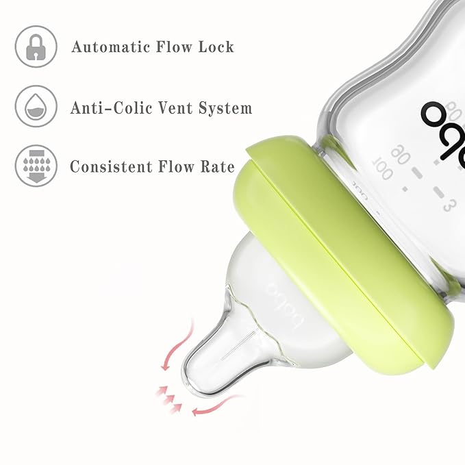 YOHKOH Natural Glass Baby Bottle with Natural Response Nipple, Newborn Anti-Colic Baby Bottles, Wide Neck Mushroom Cap Baby Bottle, Clear (Multicolour1, 3.4oz (Pack of 2))