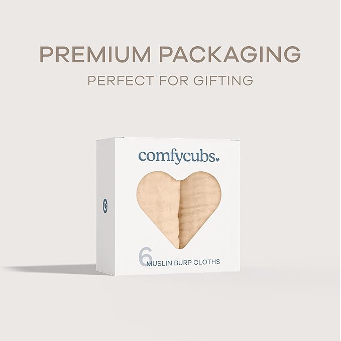 Comfy Cubs Muslin Burp Cloths 20" x 10", Pack of 6 - Large, 6-Layer, Ultra Absorbent 100% Cotton for Baby Drool and Messes - Soft, Safe & Gentle Baby Burp Cloths Set for Boys & Girls - Cream