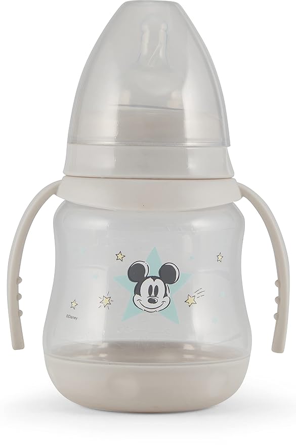 Disney 2 Pack 7 Ounce Baby Bottles with Character Prints and Colored Covers with Double Handle - BPA Free and Easy to Clean