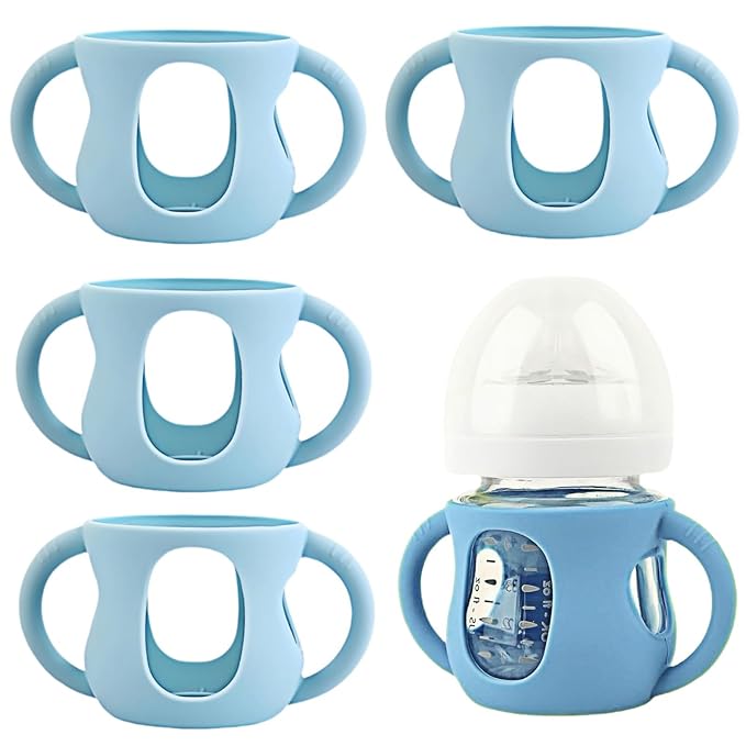 4 Pack Silicone Sleeves for Avent Natural Glass Baby Bottles, Silicone and Easy-Grip Handles for Drop Protection, Compatible with Philips Avent 4/8 OZ Glass Bottle (Light Blue, 4 OZ)