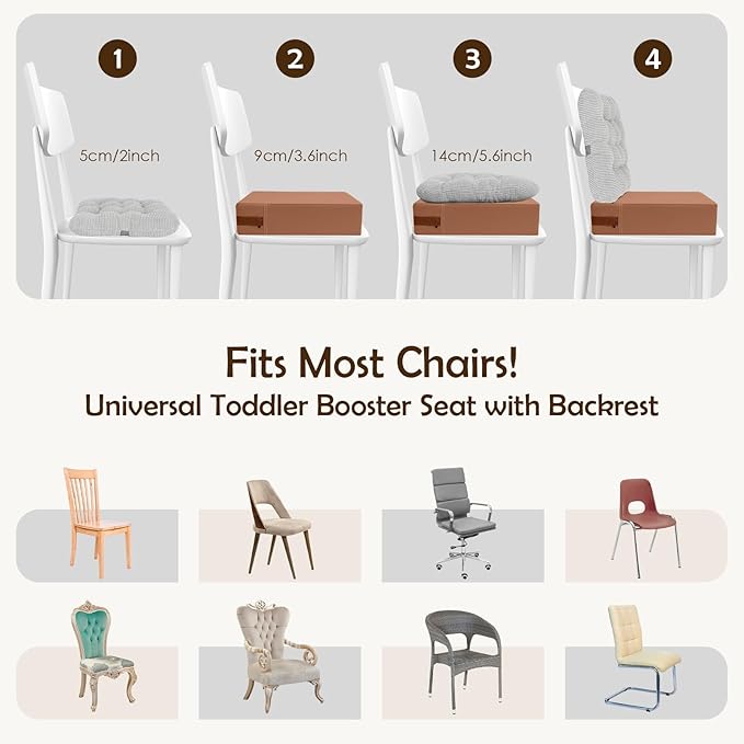 Booster Seat for Kitchen Chair with Comfy Backrest and Adjustable Safety Buckles,Non-Slip Kid Toddler Booster Seat for Dining Table,Portable PU Travel Baby Booster Increasing Cushion Chair