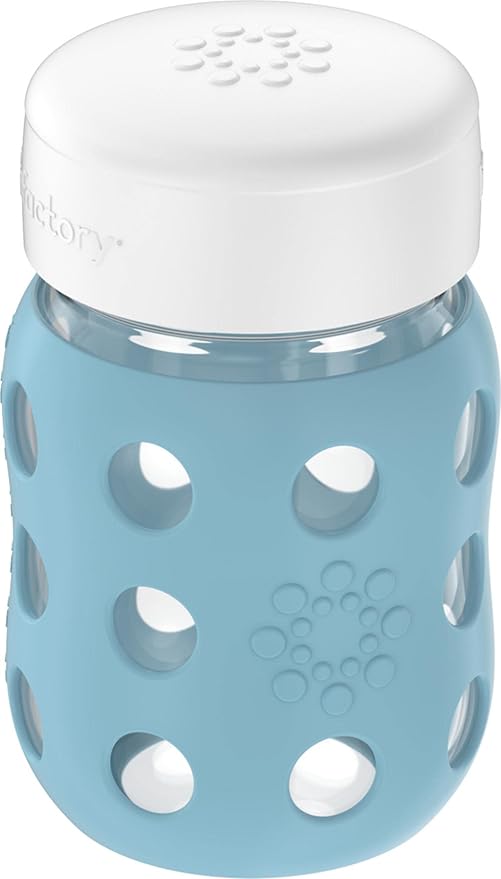 Lifefactory 8-Ounce Wide Neck Glass Baby Bottle with Protective Silicone Sleeve and Flat Cap, Denim (LG2231WDE4)