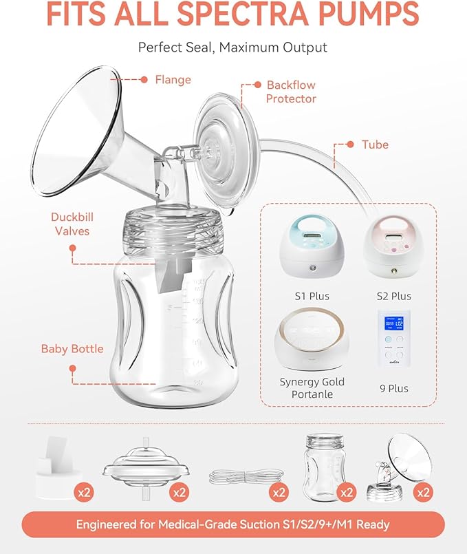 Breast Pump Parts Compatible with Spectra S1,S2,S9 Plus, Replacement Kit for Spectra Pump Parts 2PC Include 13 mm Flange, Duckbill Valve, Tube,Bottle, Backflow Protector, Not Original Accessories