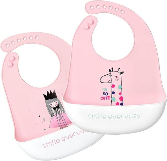 Silicone Bibs for Babies and Toddlers 2 Sets Feeding Bibs for Boy and Girl, Adjustable Soft Waterproof Bibs