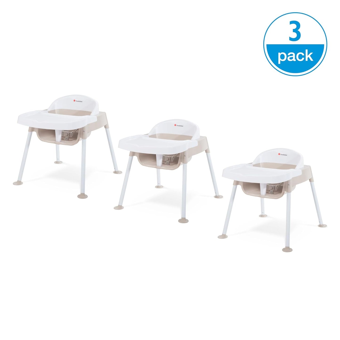 Foundations Secure Sitter Feeding Chairs Multipack, No-Tip Feet, 3-Point Adjustable Harness, Removable Tray, Easy to Clean, Stackable Feeding Chairs, 3 Pack (11 inch)