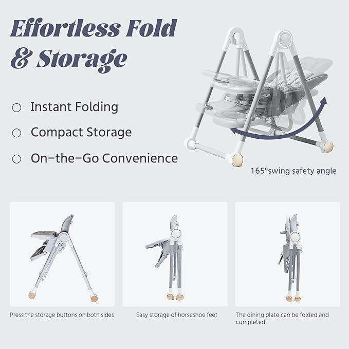 Multi Functional All in 1 Baby High Chair Swings for Infants Foldable Rocking 8 Level Height Adjustment Eco Friendly Washable PU Cushion Ultimate Baby Feeding Chair (Gray)
