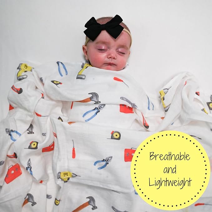 LollyBanks Muslin Swaddle Blankets, Soft Cotton Muslin Baby Blanket, 47 x 47 Inches Newborn Swaddle, Baby Boy Essentials, Registry (Tool Box Print)