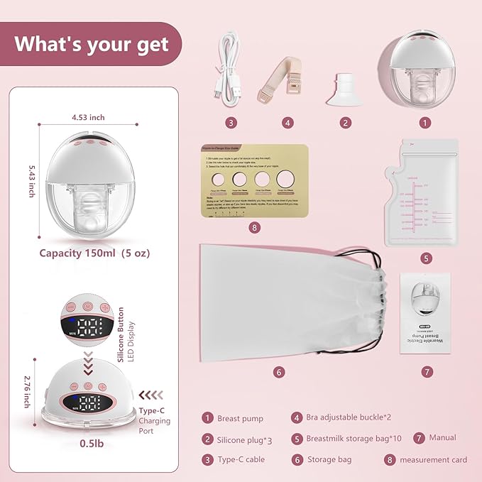 Wearable Electric Breast Pump, Hands-Free Breastfeeding Pump with 4 Modes & 12 Levels, Anti-Backflow, LED Display, 10 Breastmilk Storage Bags