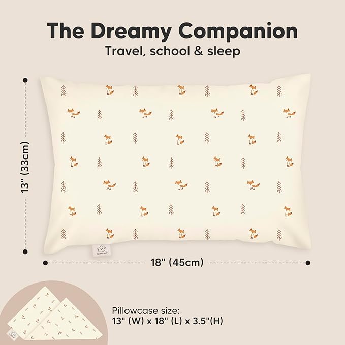 Toddler Pillow with Pillowcase - 13x18 My Little Dreamy Kids Travel Bed Pillows for Sleeping, Organic Cotton Small Pillowcase, Soft & Breathable, Machine Washable, Toddlers 2-5 years old (Fox Tales)