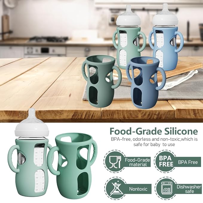 4 Pack Silicone Sleeves for Avent Natural Glass Bottles, Anti Breakage Baby Bottle Protector with Easy-Grip Handle, Compatible Philips Avent Glass Natural Bottle 8 oz, Not for Infant Use