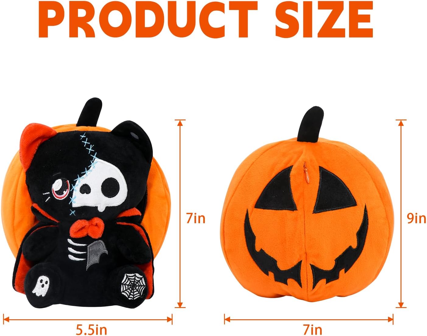 Halloween Reversible Pumpkin Plush Zipper, Skeleton Black Cat Transformed Cat, Stuffed Animal Halloween Boys Girls Kids Birthday Gift