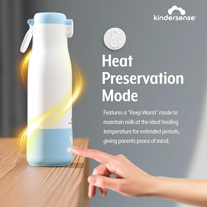 KinderSense® Portable Bottle Warmer for Travel - 12 Fl Oz Large Capacity 55W Power - Breastmilk, Water, Baby Formula- Fast Heating, Leakproof, LED Display + Preset Timer | 18W QC Charger