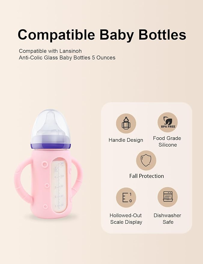 ZCH 4-Pack Silicone Sleeves with Handles for Lansinoh Glass Bottles, BPA-Free Drop-Resistant Baby Bottle Sleeves with Handles, Compatible with Lansinoh Anti-Colic Glass Baby Bottles (5 oz)