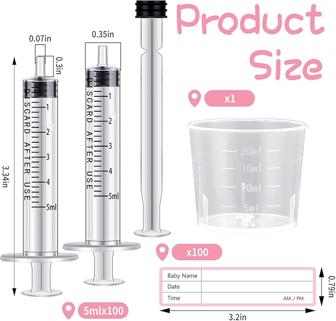 Trelaco Colostrum Collector Kit Include Sterile Sealed Breast Milk Syringes with Caps No Needle Colostrum Syringes Stickers 1 Measuring Cup Harvesting Collection for Breastmilk(100 Sets,5 ml)