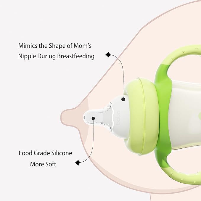 YOHKOH Natural PPSU Baby Bottle with Natural Response Nipple, Newborn Anti-Colic Baby Bottles with Handle, Wide Neck Mushroom Cap Baby Bottle (8.8oz (Pack of 2), Green1)