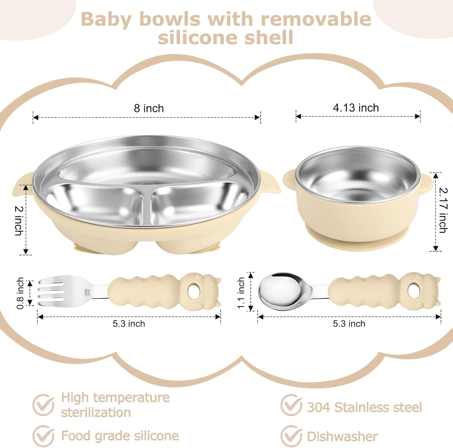 Stainless Steel Baby Plate and Bowl with Suction, Baby Bowl and Divided Kids Toddler Plate with Removable Silicone Shell, Non-Slip Toddler Baby Feeding Set, Forks + Spoons Included-Cream
