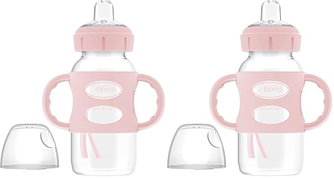 Dr. Brown's Milestones Wide-Neck Sippy Spout Bottle with 100% Silicone Handles, Easy-Grip Handles with Soft Sippy Spout, 9oz/270mL, Light-Pink, 2-Pack, 6m+