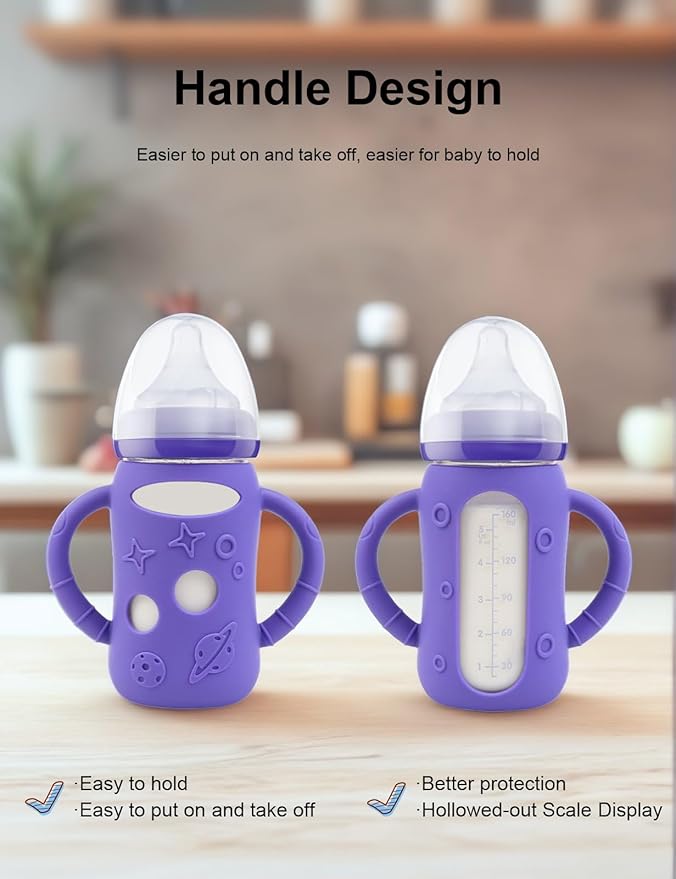 ZCH 4-Pack Silicone Sleeves with Handles for Lansinoh Glass Bottles, BPA-Free Drop-Resistant Baby Bottle Sleeves with Handles, Compatible with Lansinoh Anti-Colic Glass Baby Bottles (5 oz)