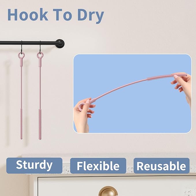 Reusable Silicone Straw Cleaner Brush Set, 2-Pack Extra Long Straw Cleaning Brush for Metal Glass Water Bottle Drinking Straws, Flexible&Bendable Design, Dishwasher Safe, 6mm & 8mm Diameter