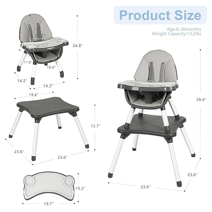 6 in 1 Baby High Chair, Convertible Highchair for Babies and Toddlers, Building Block Table Highchair with 5-Point Safety Harness/Removable Tray, Infant Feeding Table and Chair Set, Grey