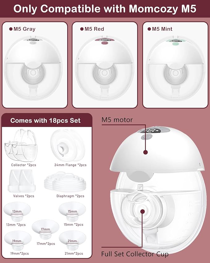 Two M5 24mm Full Set Collector Cup Only Compatible with Momcozy M5 and 10pcs 13/15/17/19/21mm Flange Inserts, Including Inserts*10, 24mm Flange*2, Collector*2, Duckbill Valve*2,Diaphragm*2